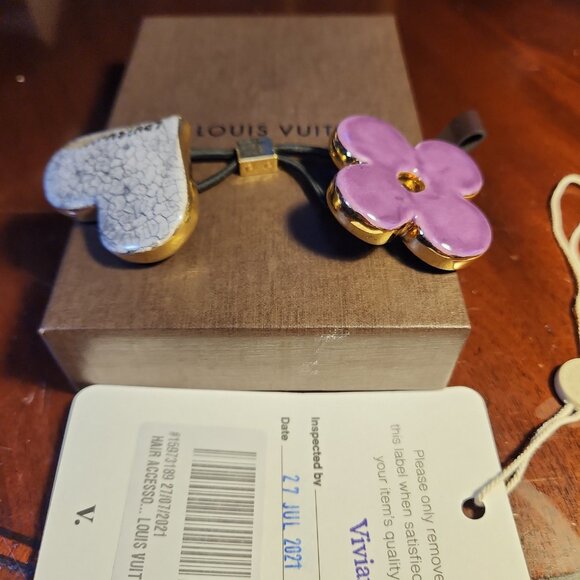 Rare Auth LOUIS VUITTON Stephen Sprouse White Stone Enamel Heart Floral Hair Tie - Picture 2 of 8